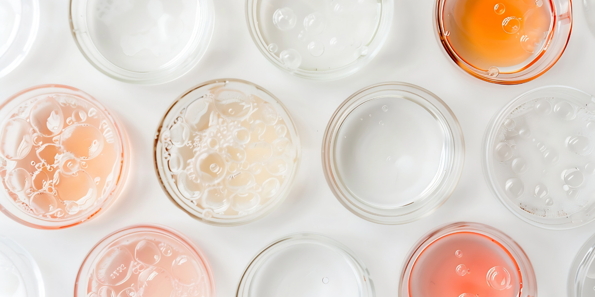 Arrangement of petri dishes containing varied skincare ingredients