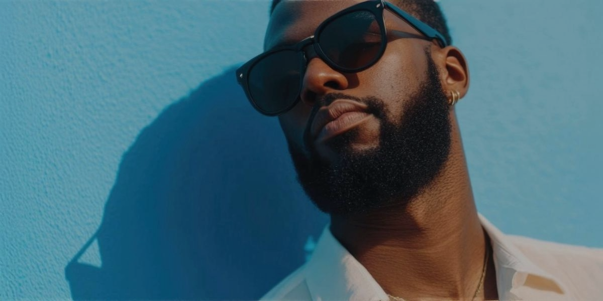 Black Man with a full, groomed beard looking off into the distance with sunglasses leaning against a blue wall